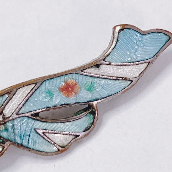 Vintage Guilloche Enamel Ribbon Bow Floral Bar Brooch 1920s 1930s Blue Jewelry - Picture 5 of 11